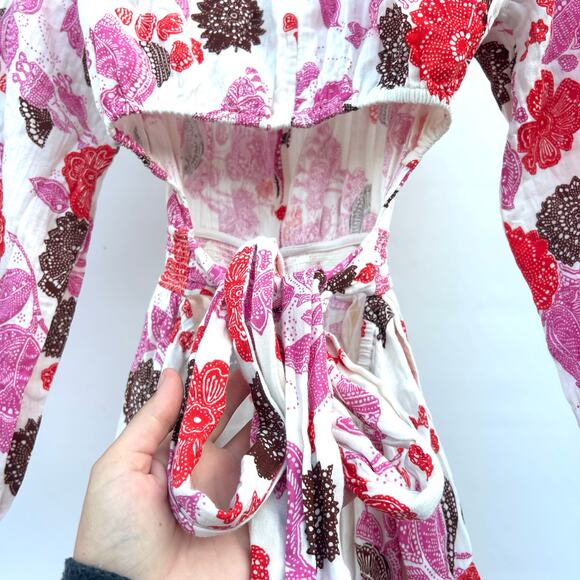 ME+EM Cheesecloth Bali Print Floral Red Pink Cut Out Maxi Long Dress Cotton 4 - Picture 13 of 14